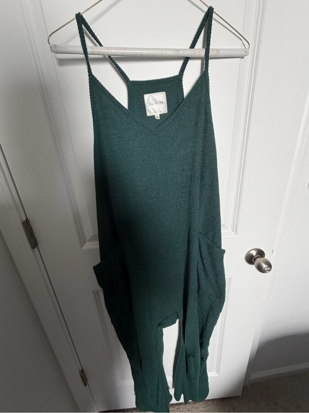 Cozy Forest Green Ribbed Knit Jumpsuit with Pockets